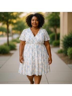 Blue White Floral Milkmaid Babydoll Midi Dress 3XL Cottagecore Ruffle